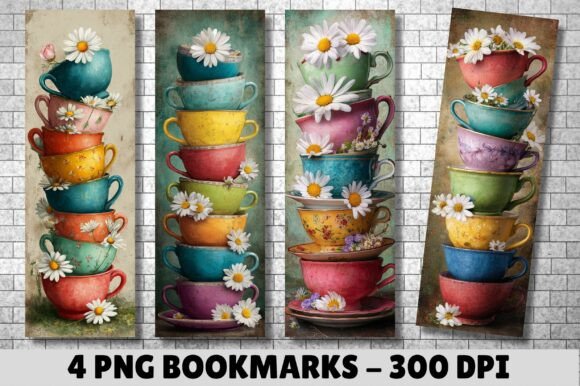 Antique Daisy Teacup Stacked Bookmark for Crafts Projects