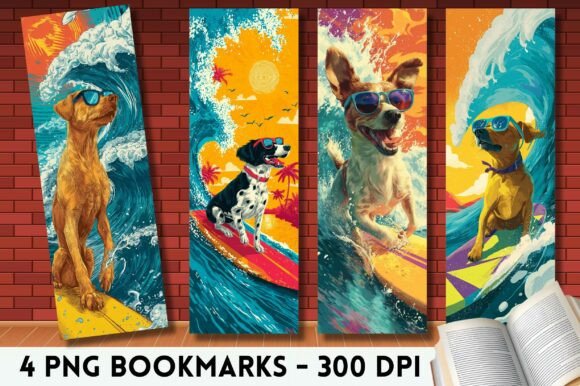 Cool Surfing Dogs Retro Summer Bookmark for Crafts and Branding