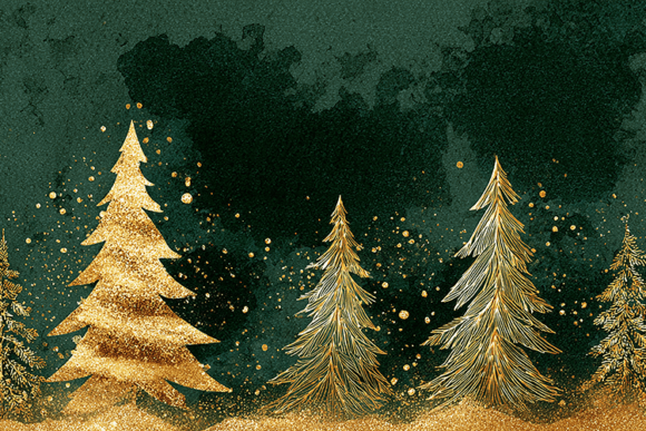 Gold Xmas Trees Dark Green Pattern Design for Festive Branding