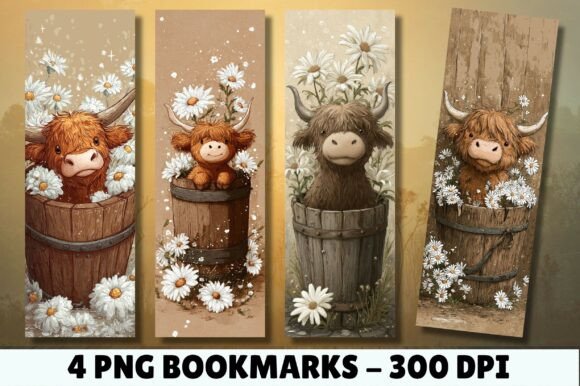 Highland Cow Daisy Barrel Art Bookmark for Crafts and Branding