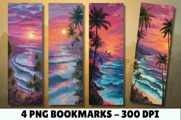 Sunset Beach Waves Palm Tree Bookmark: A Versatile Graphic Design Asset for Crafts and Branding