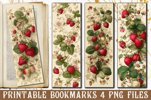 Vintage Cream Strawberry Floral Bookmark for Crafts and Design Projects